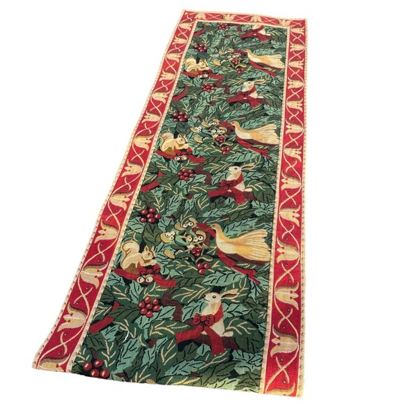 Renaissance Woven Art Christmas table runner tapestry rabbit squirrel red green